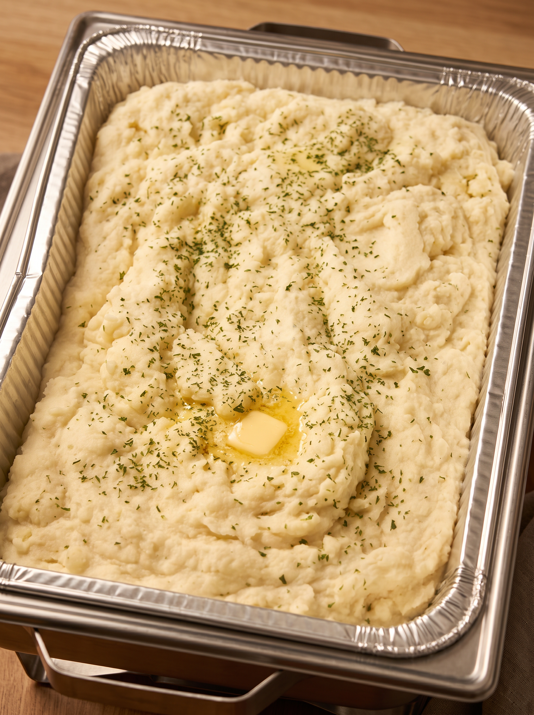 Creamy garlic mashed potatoes topped with butter and parsley in a catering pan