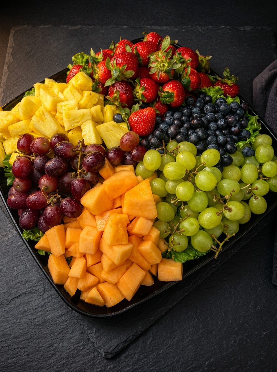 Fresh fruit tray with strawberries, pineapple, melon, grapes and blueberries