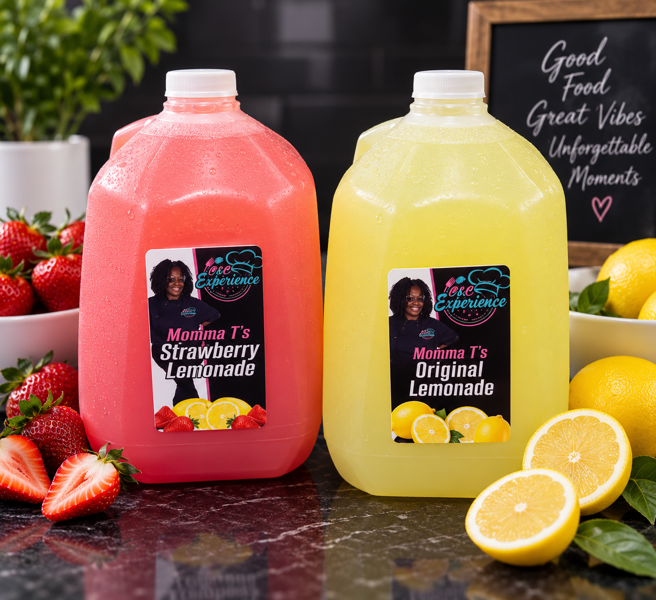 Momma T's strawberry and original lemonade gallons with fresh strawberries and lemons
