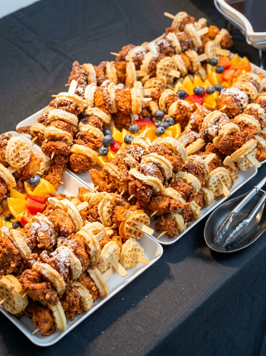 Chicken and waffle kabobs on skewers plated for a catered brunch