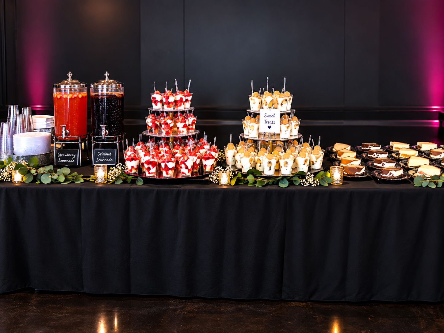 C&C Experience dessert and beverage table with shooters, lemonade dispensers and sweet treats
