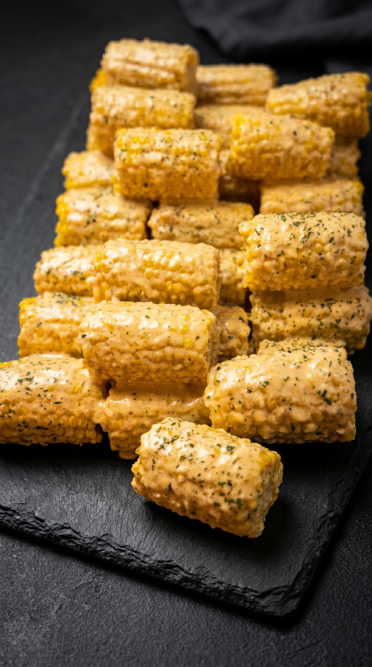 Creamy street corn ribs stacked on a dark slate platter, garnished with herbs