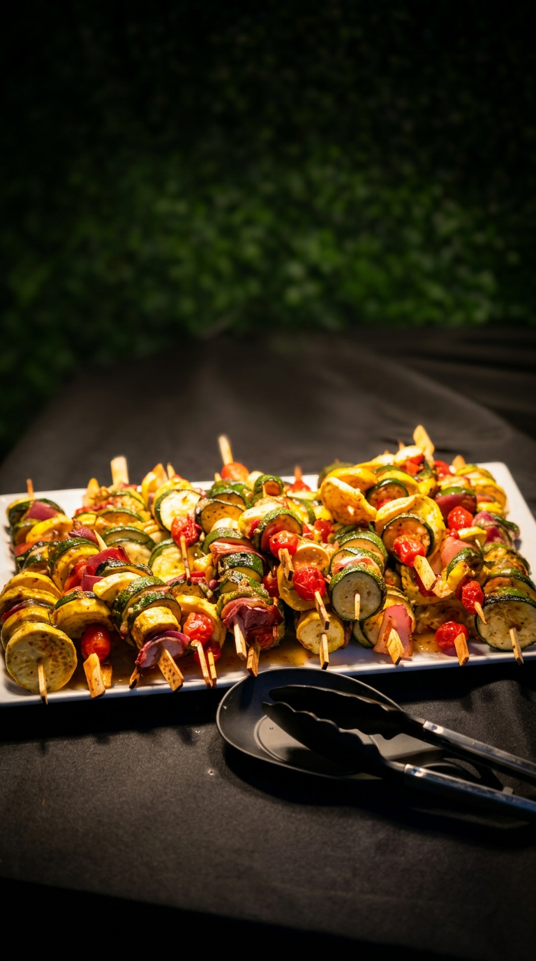 Fresh vegetable skewers arranged on a platter