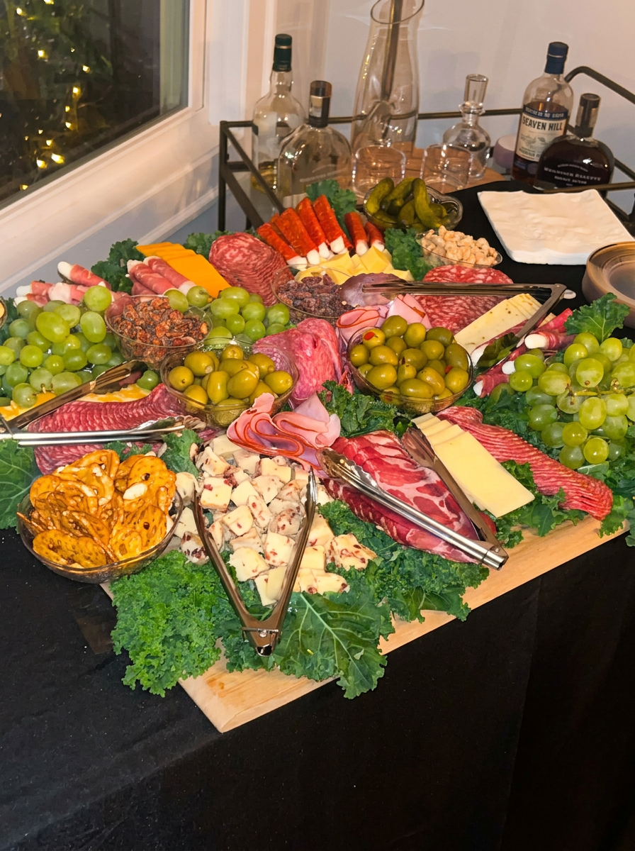 Grazing charcuterie table with cured meats, cheeses, olives, grapes and pretzels