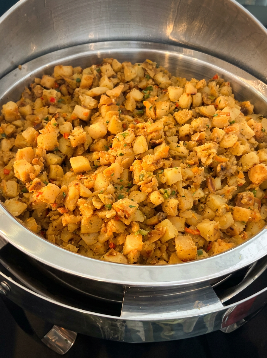 Seasoned breakfast potatoes served from a polished catering chafing dish