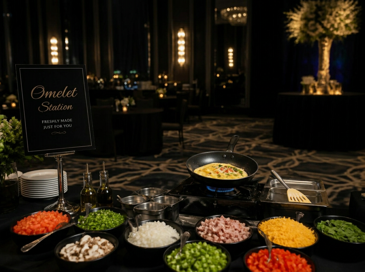 Live omelet station with a fresh omelet, toppings and signage at an event