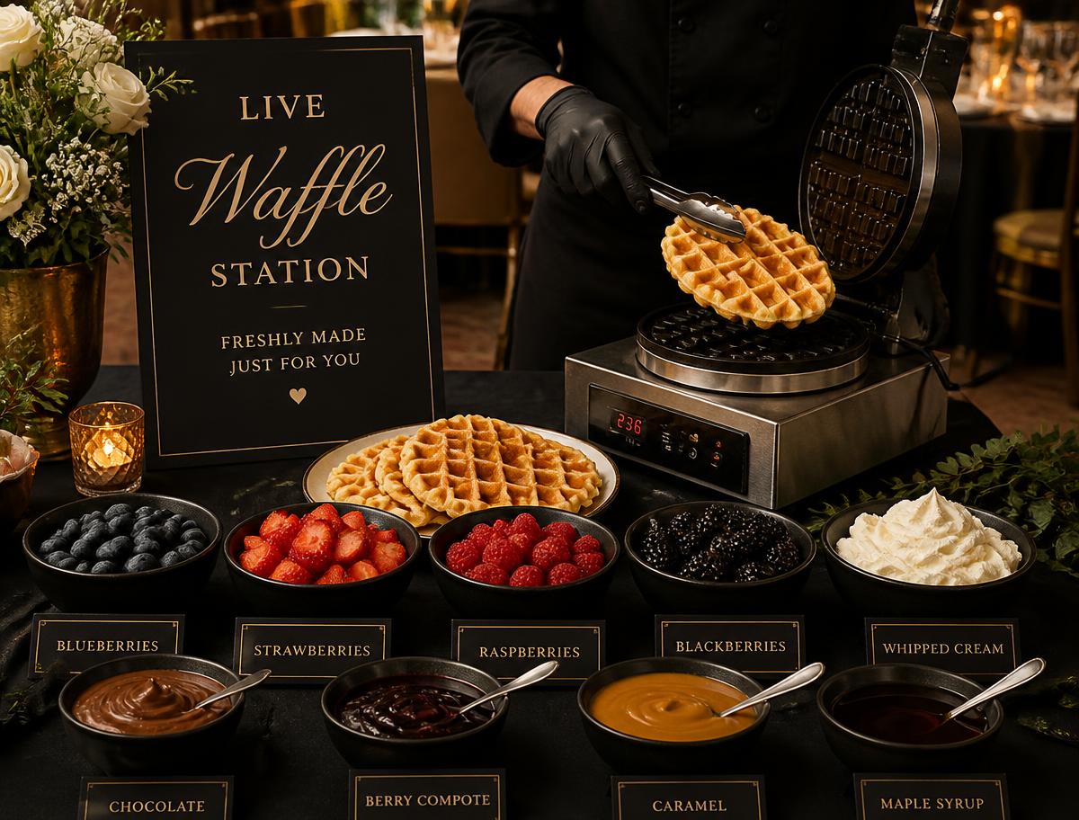 Live waffle station with berries, cream and syrup toppings